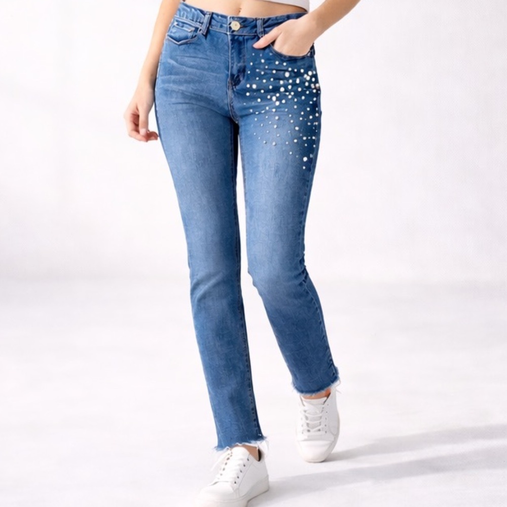 Y2K Chic High Rise Ankle Skinny Jeans Pearl Stud Detail Blue Raw Hem Denim